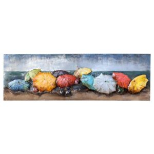 Beach of Parasols Picture Metal Wall Art In Multicolor And Blue