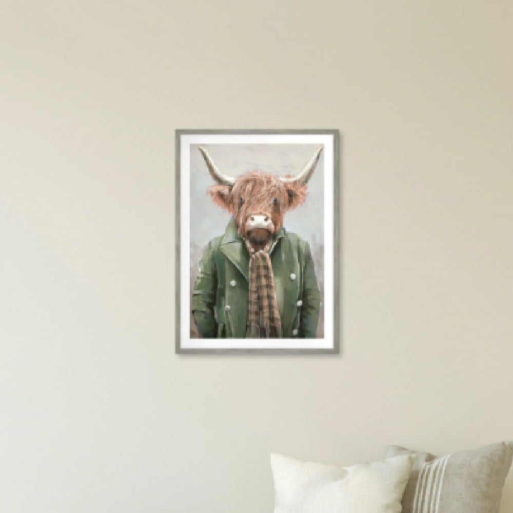 Manteo Wooden Highland Cow Wall Art In Grey Frame