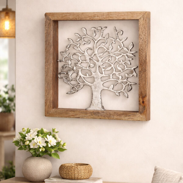 Colindale Small Wooden Trees life Wall Art In Natural And Silver