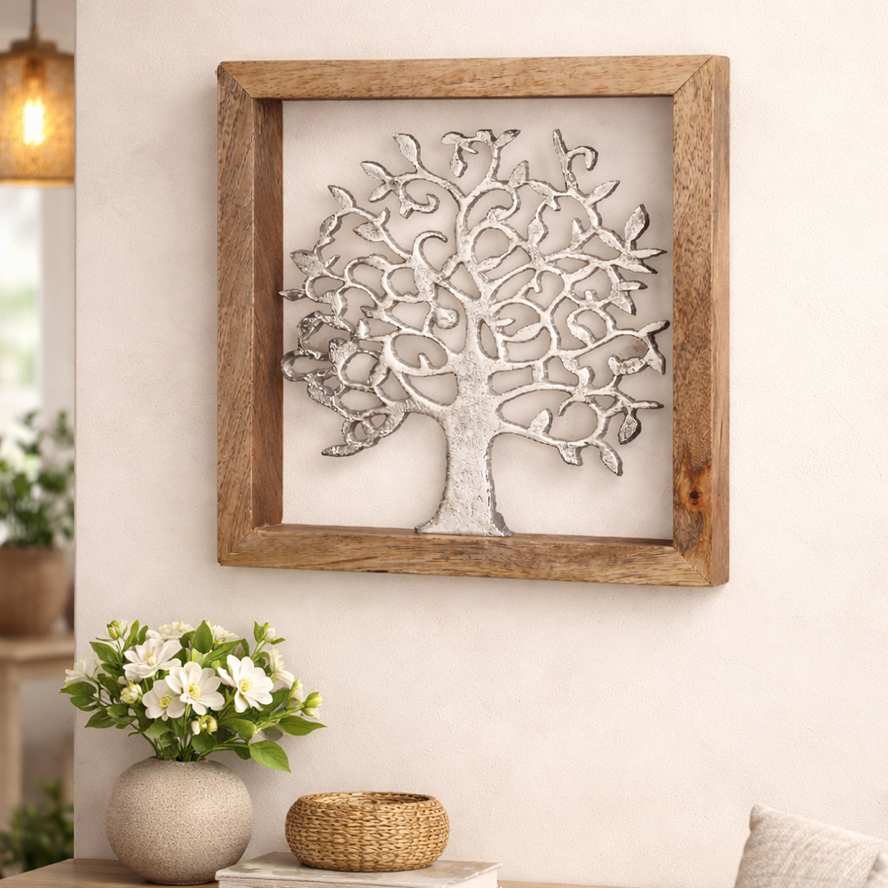 Colindale Small Wooden Trees life Wall Art In Natural And Silver
